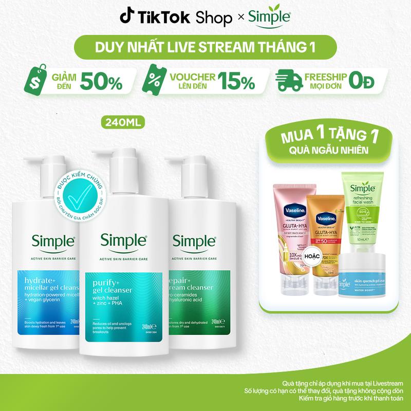 1 MỚI Sữa Rửa Mặt Simple Purify+ 240ml Giảm Mụn Sau 7 Ngày Repair+240ml phục hồi làn da. Hydrate+ 240ml Giúp Da Trông Căng Mướt Sau Lần Đầu Sử Dụng