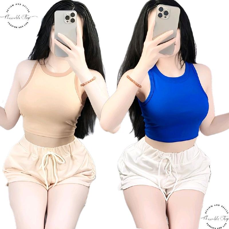 Size S Set Phối Áo Croptop 3 Lỗ Thun Borip Ôm Body Mẫu Trơn Kèm Quần Đùi Da Cá Có Túi Nữ Kem Women Pants Thun Cổ Tròn