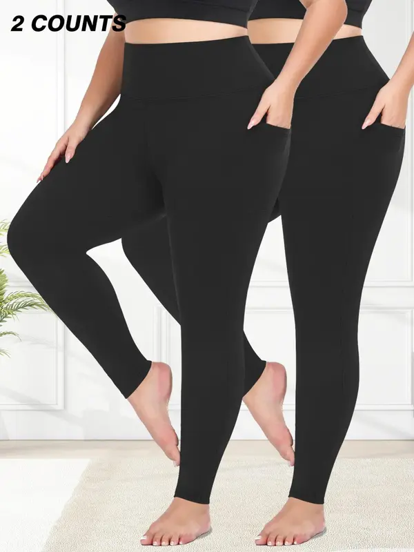 【Plus Size】 Solid High Waist Pocket Leggings, Casual Comfy Breathable Skinny Pants for Daily Wear, Women's Bottoms for All Seasons 3
