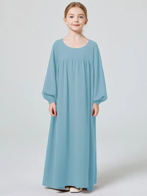 Muslim Girl's Solid Ruched Bishop Sleeve Smock Dress without Hijab, Modern Abaya Dress, Modest Outfits, Cute Clothes, Cute Casual Round Neck Long Sleeve Dress for Daily Wear, Kid's Summer Clothes 7