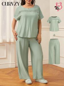 CURVZY Two-Piece Set Plus Size Solid Color Top & Wide Leg Pants, Casual Round Neck Short Sleeve Top & Trousers for Daily Wear, Women's Two-piece Set for Summer, Clothes