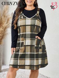 CURVZY Plus Size Plaid Print Pocket V Neck Dress, Casual Sleeveless Pinafore Dress for Daily Wear, Women's Clothing for All Seasons