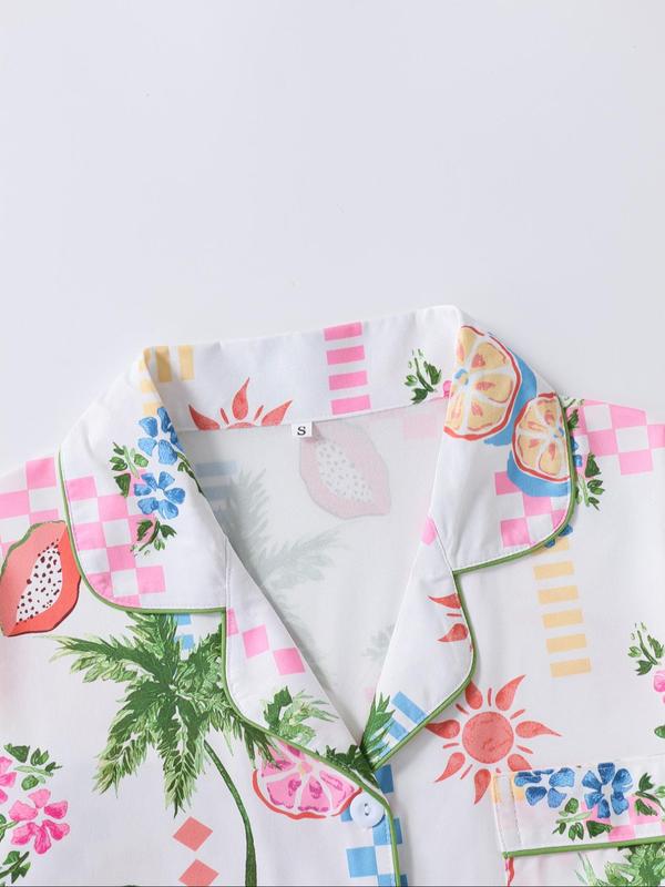 Two-piece Set Women's Fruit Print Lapel Neck Button Front Pajama Set, Casual Comfy Pastel Short Sleeve Pocket Top & Elastic Waist Shorts Pj Set, Ladies Sleepwear for All Seasons 5
