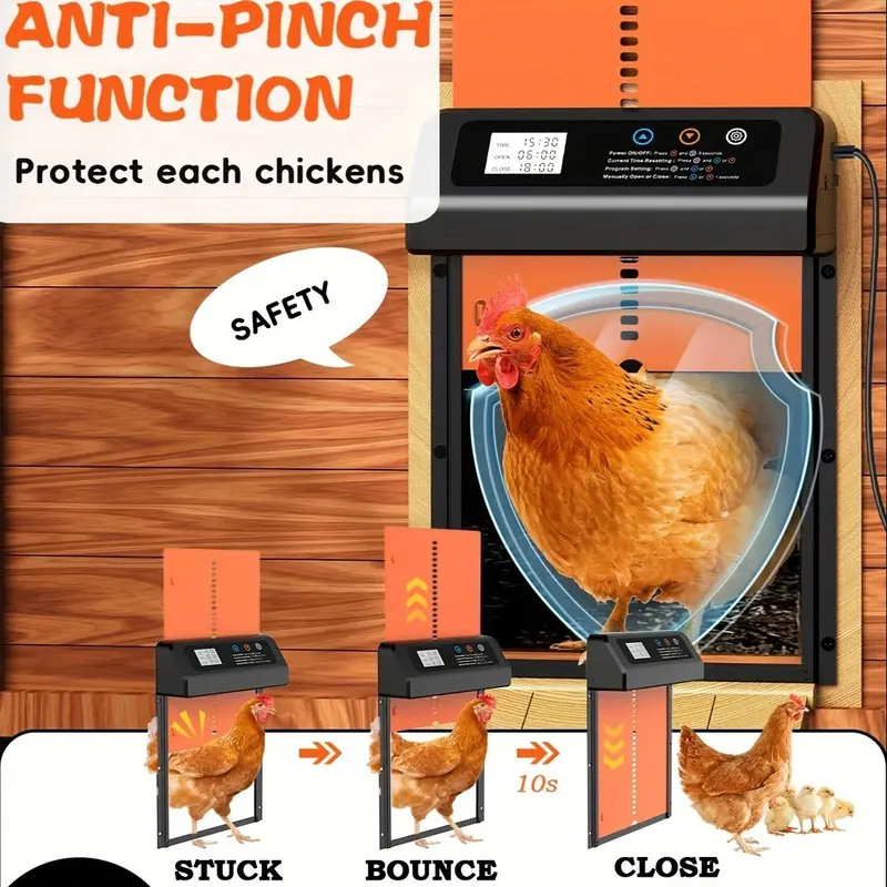 Solar Powered Automatic Chicken Coop Door, Chicken Coop Door with Timer Remote Control, Anti-pinch Design Poultry & Small Animal Safety Door 5