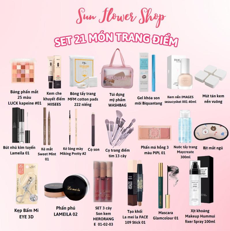 Bộ trang điểm 21 món cao cấp - Gồm Set 3 cây Son lì Hero, Bông tẩy trang 222 miếng, Bảng phấn mắt 25 màu, Cọ trang điểm 13 cây và 17 món khác Cosmetic Mỹ Phẩm