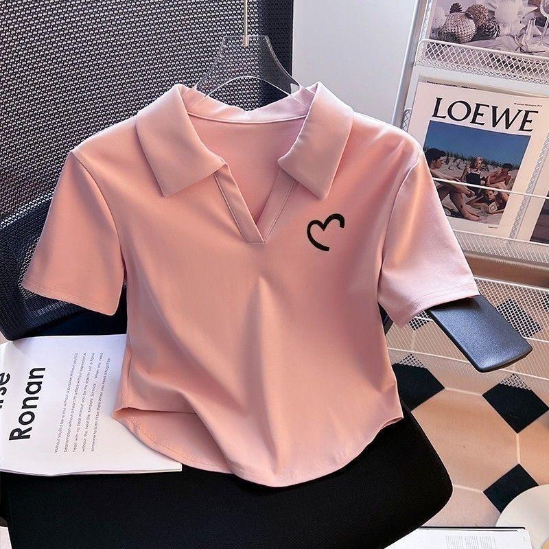 Áo Phông, Cotton Nguyên Chất, Cổ Polo, ngắn Tay Áo, Dành Cho Phụ Nữ, Hàng Mới Về Mùa Hè 2024, Mỏng Vừa Vặn, Thiết Kế Bất Đối Xứng Ngắn, Màu Hồng, Áo Trên