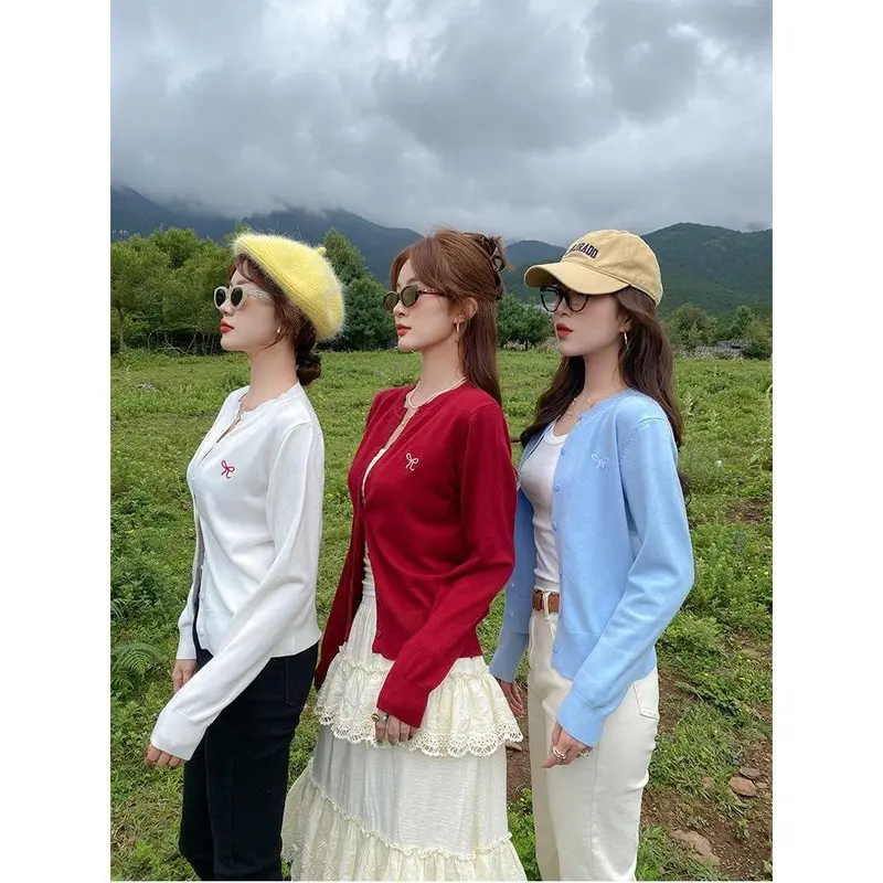 Áo Nữ Cardigan Len Mỏng Vintage Cho Nữ Thêu Nơ Mẫu Mới 2024 - Nhung, Women A413 Top 6