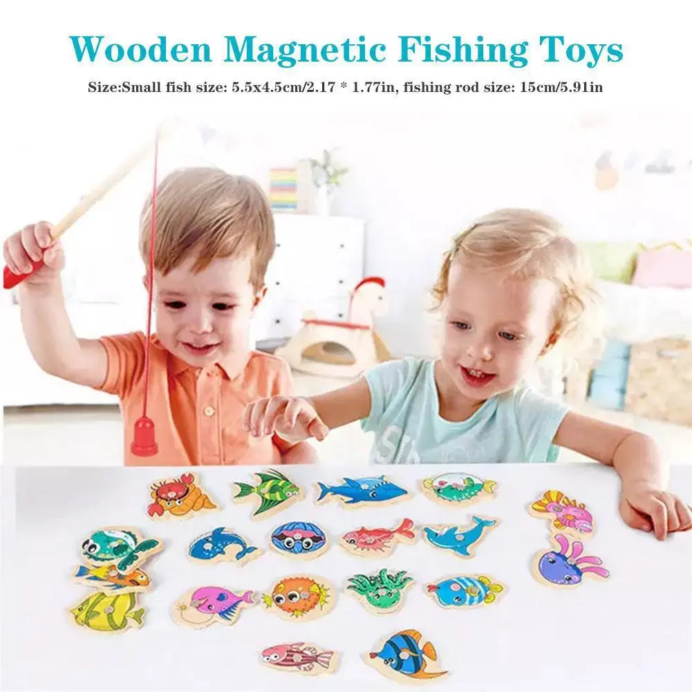 15/31 Pcs Educational Toys Wooden Magnetic Fishing Game Toy Set For Kids Cartoon Fish Toys