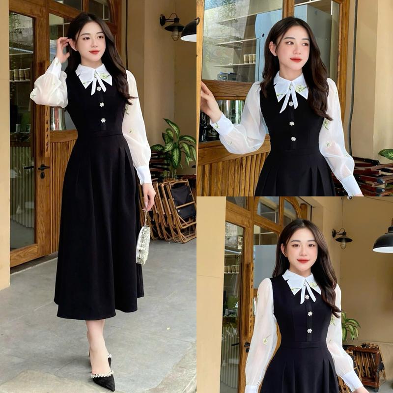 Váy Thiết Kế Evii M68 dành cho nữ Đầm thiết kế cổ đức nơ liền phối tơ thêu thủ công đính cúc hoa dáng A xòe dài phù hợp đi làm, đi chơi và đi dự tiệc Có Bigsize Đen Women Dress Voan