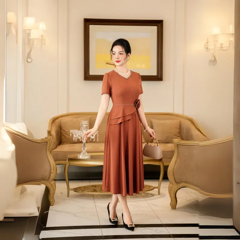 Đầm trung niên tặng mẹ LYBEE LV930 thun gấm nhật co giãn 4 chiều mặc thỏa mái, sang trọng, thấm hút mồ hôi, đủ size từ 45-80kg Nữ Women Dress Màu Đỏ 5