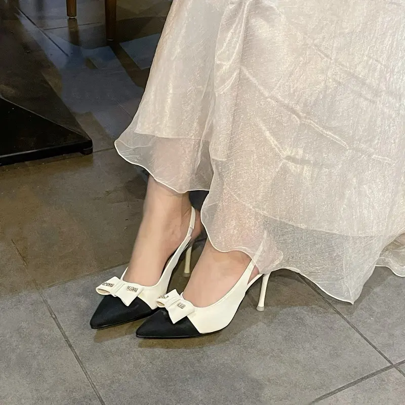 Giày cao gót mũi nhọn phối màu nơ miu ( ảnh thật) Shoes Nữ Đế Cao