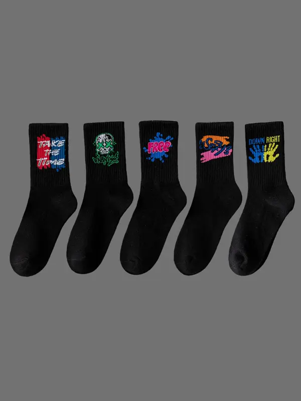 Unisex's 5 Pairs Random Print Crew Socks, National Day Offers, Casual Moisture Wicking Socks, Soft Comfy Breathable Socks for All Seasons Daily Wear, Socks for Women 8