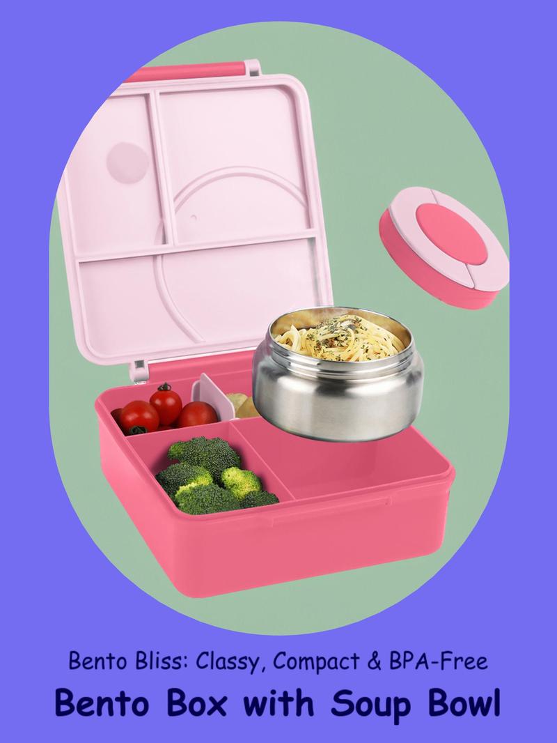 Product Introduction of 4-compartment Bento Lunch Box with Soup Cup, 1 Set Microwave Safe Plastic Bento Container, Lunch Accessories, Portable Food Storage for Travel and Lunches 0