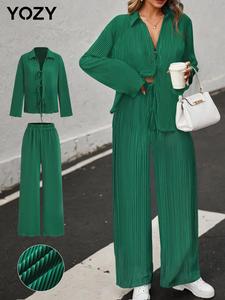 YOZY Women's Solid Drop Shoulder Tie Front Shirt & Elastic Waist Pants Two-piece Set, Casual Fashion Cozy Two Piece Outfits for Daily Outdoor Wear, Women Clothes for Spring & Fall