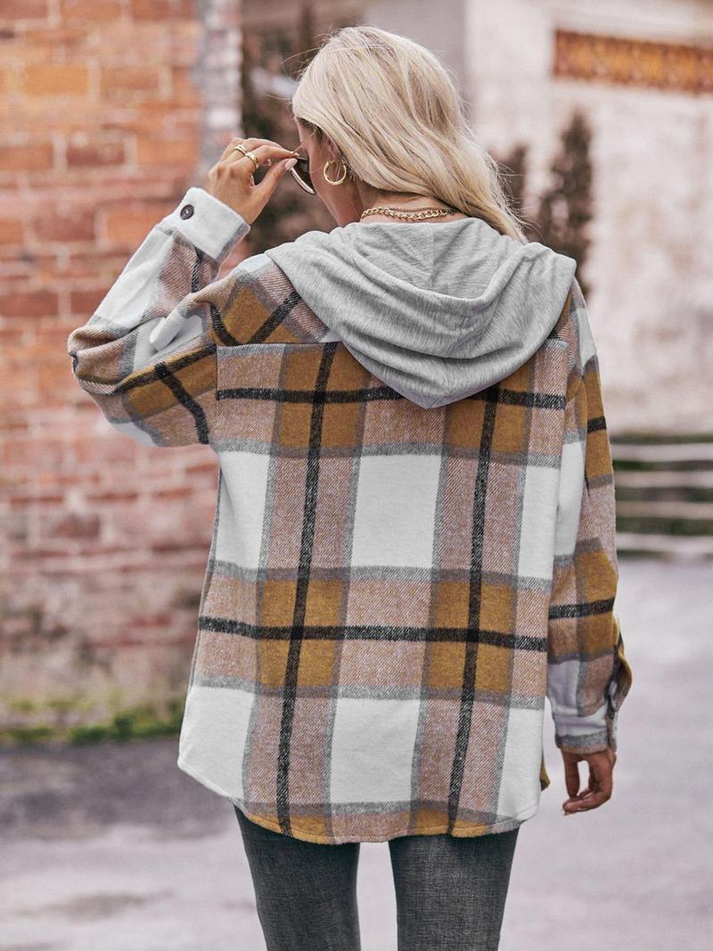 Product Introduction of Women's Plaid Print Button Front Drawstring Hooded Coat, Casual Drop Shoulder Long Sleeve Pocket Outerwear for Fall & Winter, Ladies Clothes for Daily Wear 7