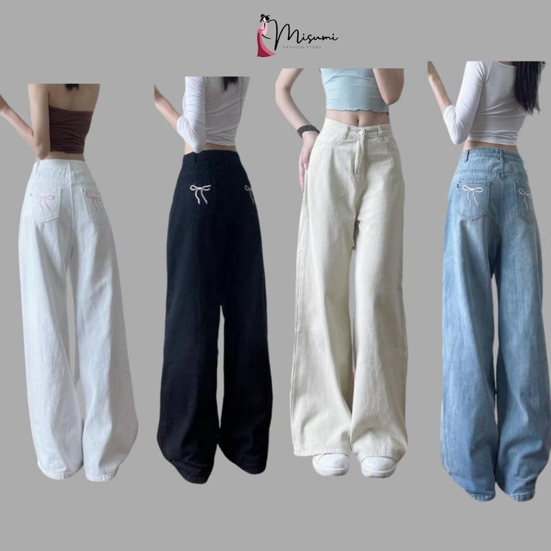 Denim nữ dáng suông ống rộng MISUMI  cạp cao 2 túi sau thêu nơ QDJ03 Pants Women quần jean khóa kéo đượng phố có thể giặt máy quần jean quần  bò Ong quần  jeans quần  bò