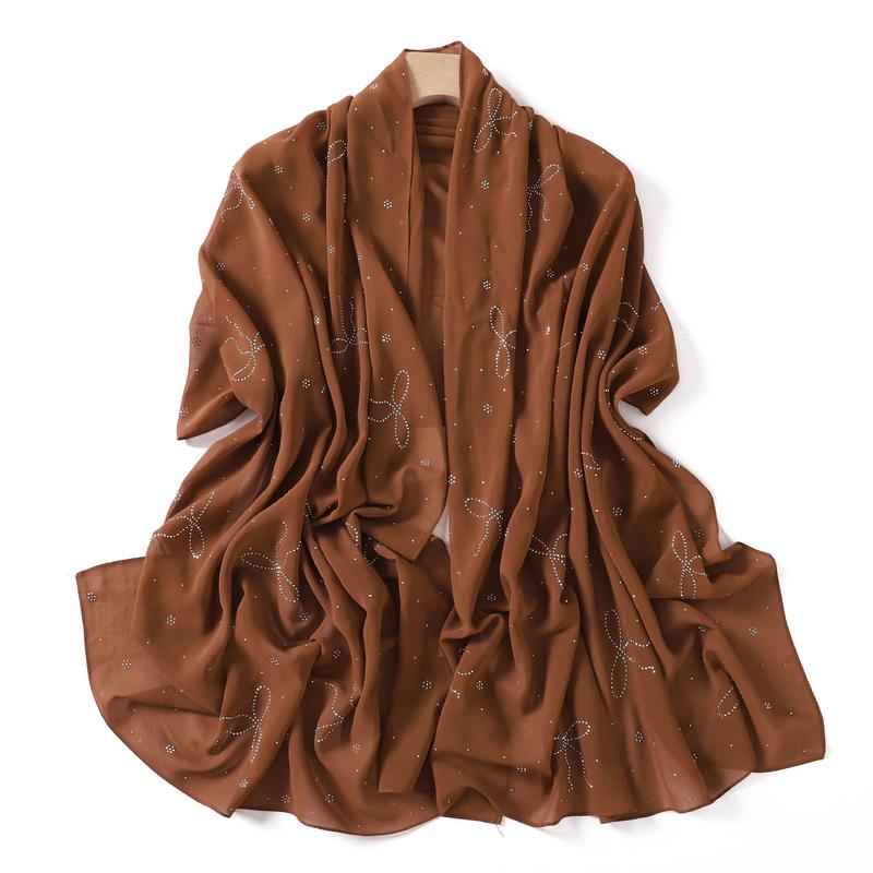 Product Introduction of High-End Heavy Craft Bowknot Rhinestone Solid Color Chiffon Long Scarf Full Rhinestone Shawl Headscarf Cape Scarf Silk Scarf for Women 18