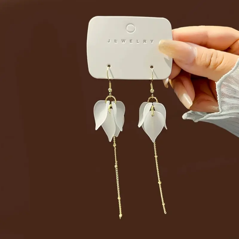 Hoa tai khuyên tai dáng dài hình cánh hoa chốt bạc mạ vàng 18K nữ