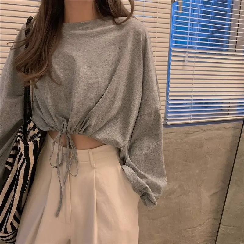 Autumn Korean Style Loose High Waist Short Long Sleeve White Top Women's T-shirt Student Fashion Ins Navel-Exposed Autumn Clothes Outer Wear Fashion Womenswear Blouses Lingerie Comfort Basic Crewneck Minimalist