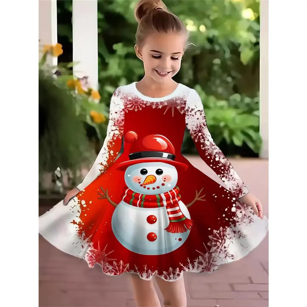 Girls' Christmas Party Dress - Long Sleeve Formal Gown With Santa,  Snowflakes - Red & Green Holiday Outfit For Xmas, Birthday, Photoshoot -  Easy-To-Wear Princess Dress For Girls, Festive Occasion Wear -