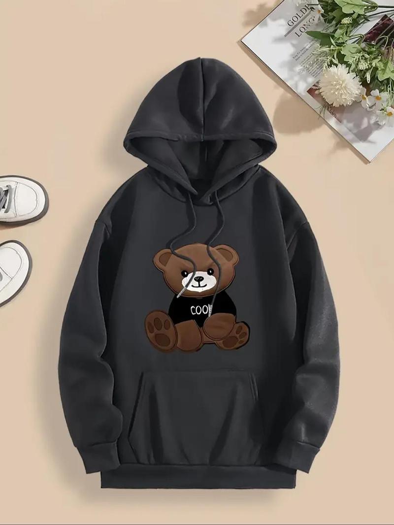 Product Introduction of Women's Cartoon Bear Print Drop Shoulder Hoodie, Fashion Casual Drawstring Pocket Hooded Sweatshirt for Daily Holiday Outdoor Wear, Women Clothing for Fall & Winter 5
