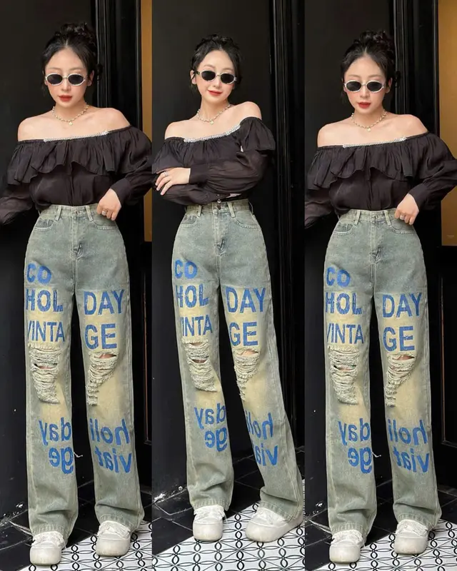 Quần Jeans Nữ Dáng Suông ,Quần Bò In Chữ Rách Kiểu Lưng Cạp Cao Chất Vải Dày Dặn Cao Cấp Chuẩn Đẹp Women Pants Kem 6