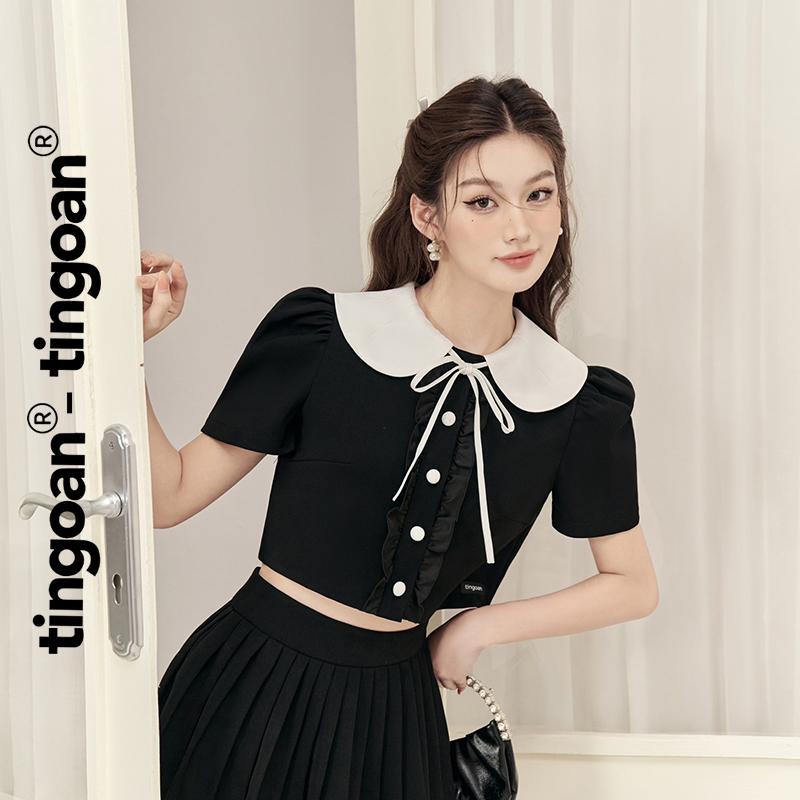 TINGOAN - Áo crop dáng lửng cổ bẻ phối dây nơ vai bồng ngắn tay đen VANESSA TOP/BL