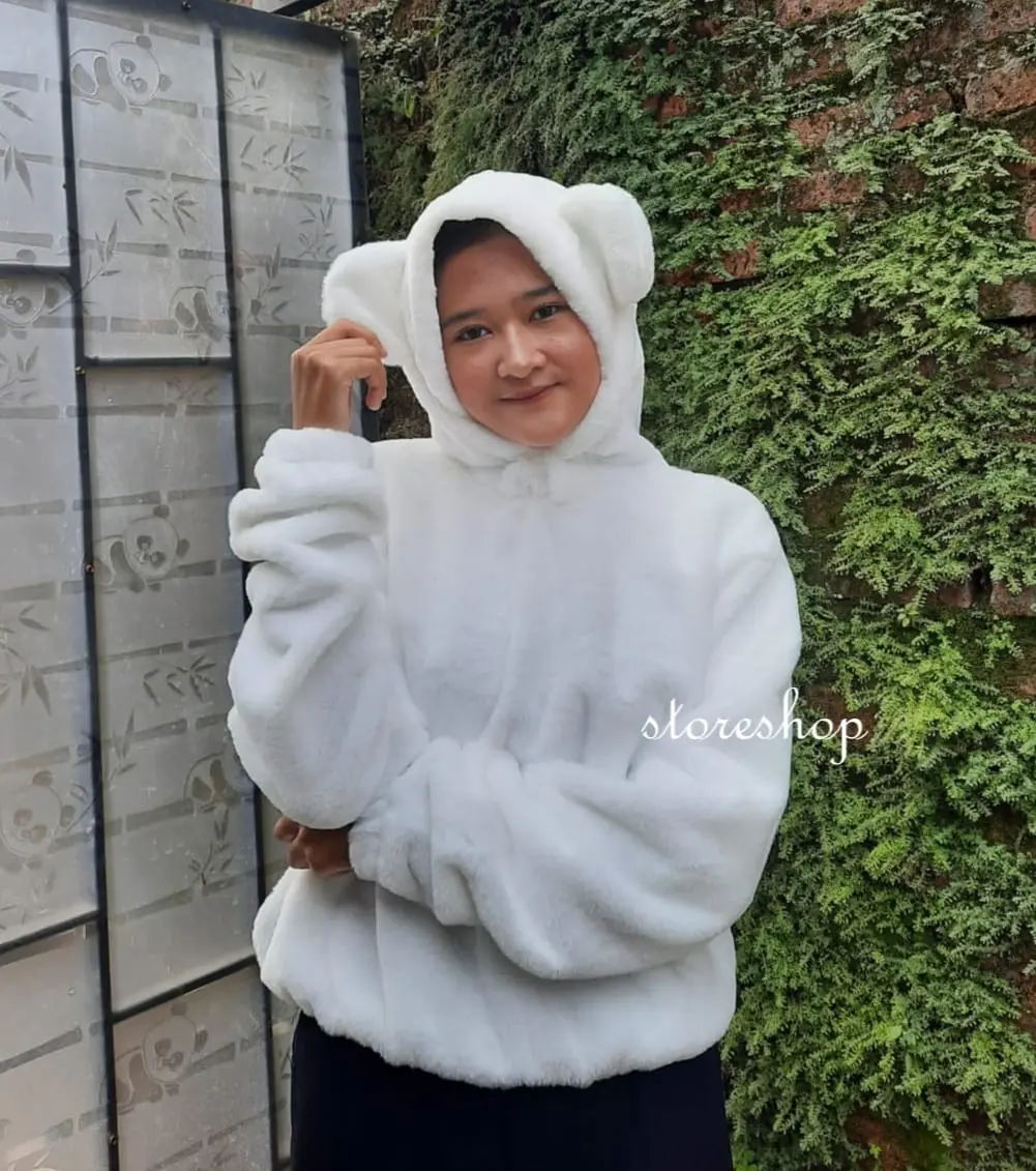 Jaket Hoodie Sherpa Bulu Bear Crop Wanita Korea Termurah Lembut Nyaman
