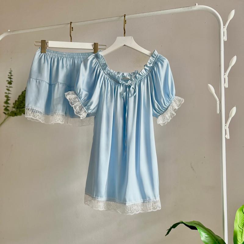 Bộ Đồ Ngủ, Áo Cổ Bèo Tay Ngắn Quần Ngắn Cho Nữ, Chất Liệu Lụa, Mền, Mịn Mát, TN02 Women Trắng macnha  set 3