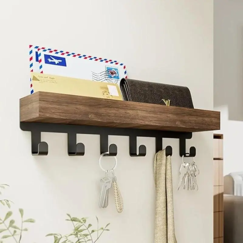 Wooden Wall Mounted Shelf, 1 Count Wall Mounted Storage Rack with 6 Hooks, Multifunctional Storage Organizer for Home Living Room Bedroom Bathroom