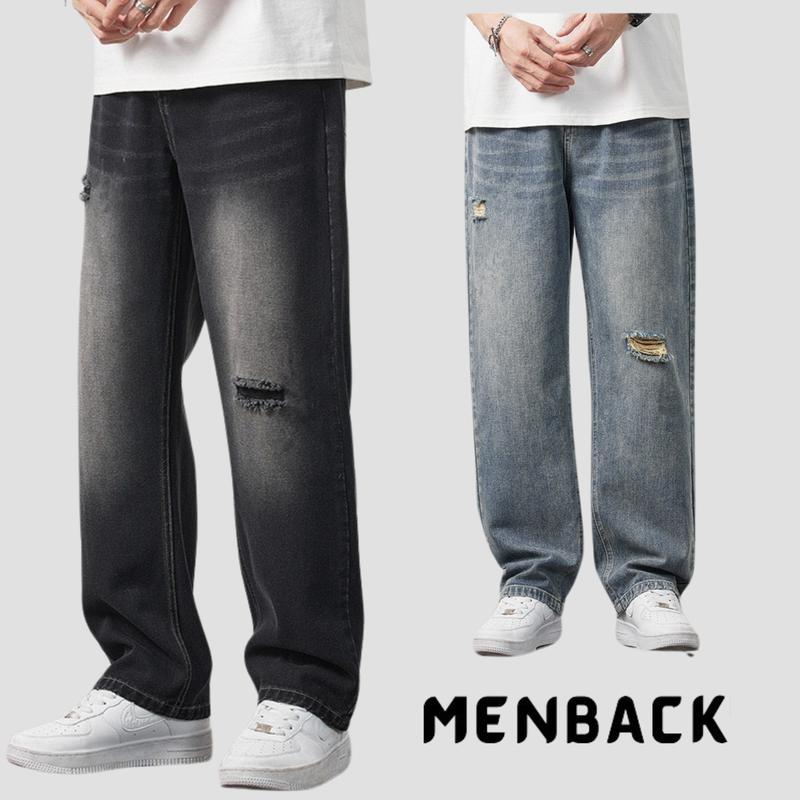   MENBACK   - Quần jean rách gối nam đen wash smoke ống suông rộng quần bò nam rách mầu retro dáng baggy Menswear Pants whose 