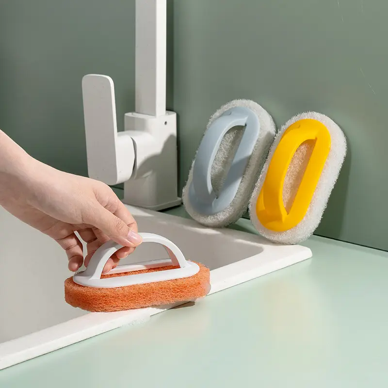 3pcs, Sponge Cleaning Brush With Handle, Bathroom Bath And Tile Scrub Brush, Kitchen Cleaning Sponge Wipe, Dishwashing Sponge Brush, Pot Brush, Durable Cleaning Sponge, Power Decontamination, Cleaning Supplies