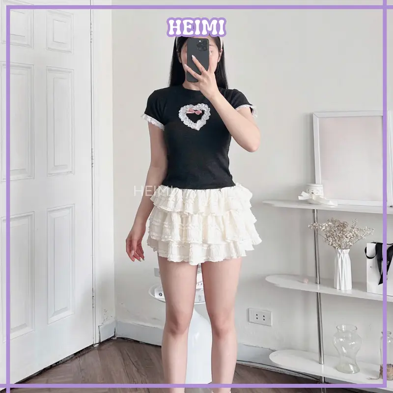 Áo Thun Nữ Phối Ren Trái Tim HEIMI, Áo Baby Tee Form Ôm Body Dễ Thương Chất Len Tăm Mềm Mịn 8