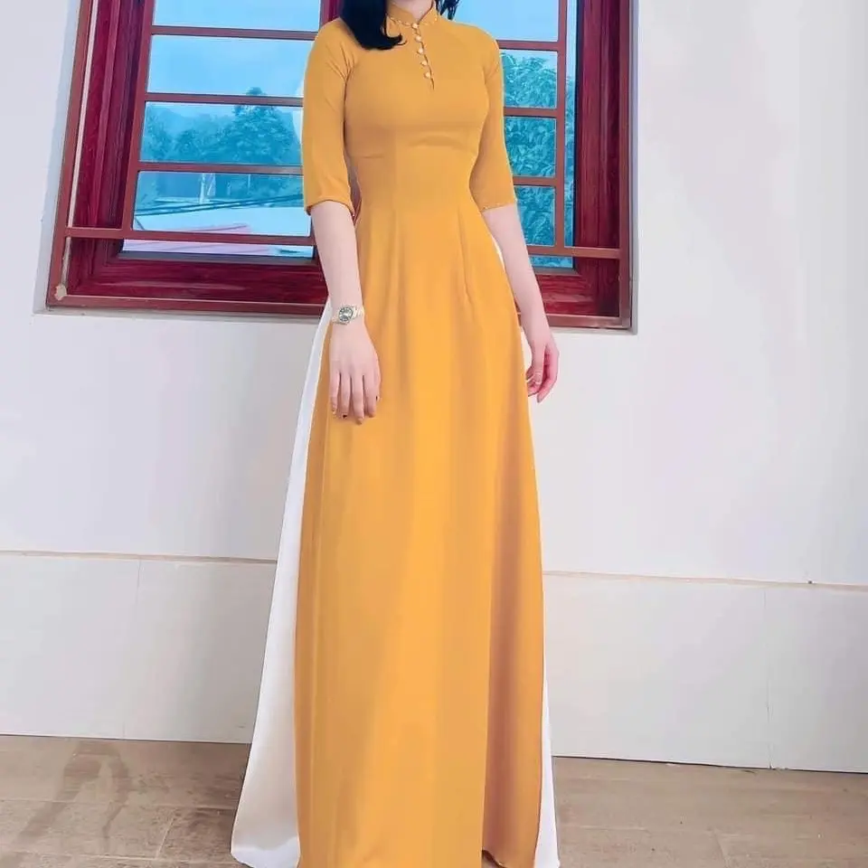 Áo Dài Lụa Mỹ 2 tà, Cổ chữ V, khoét ngực tay lửng