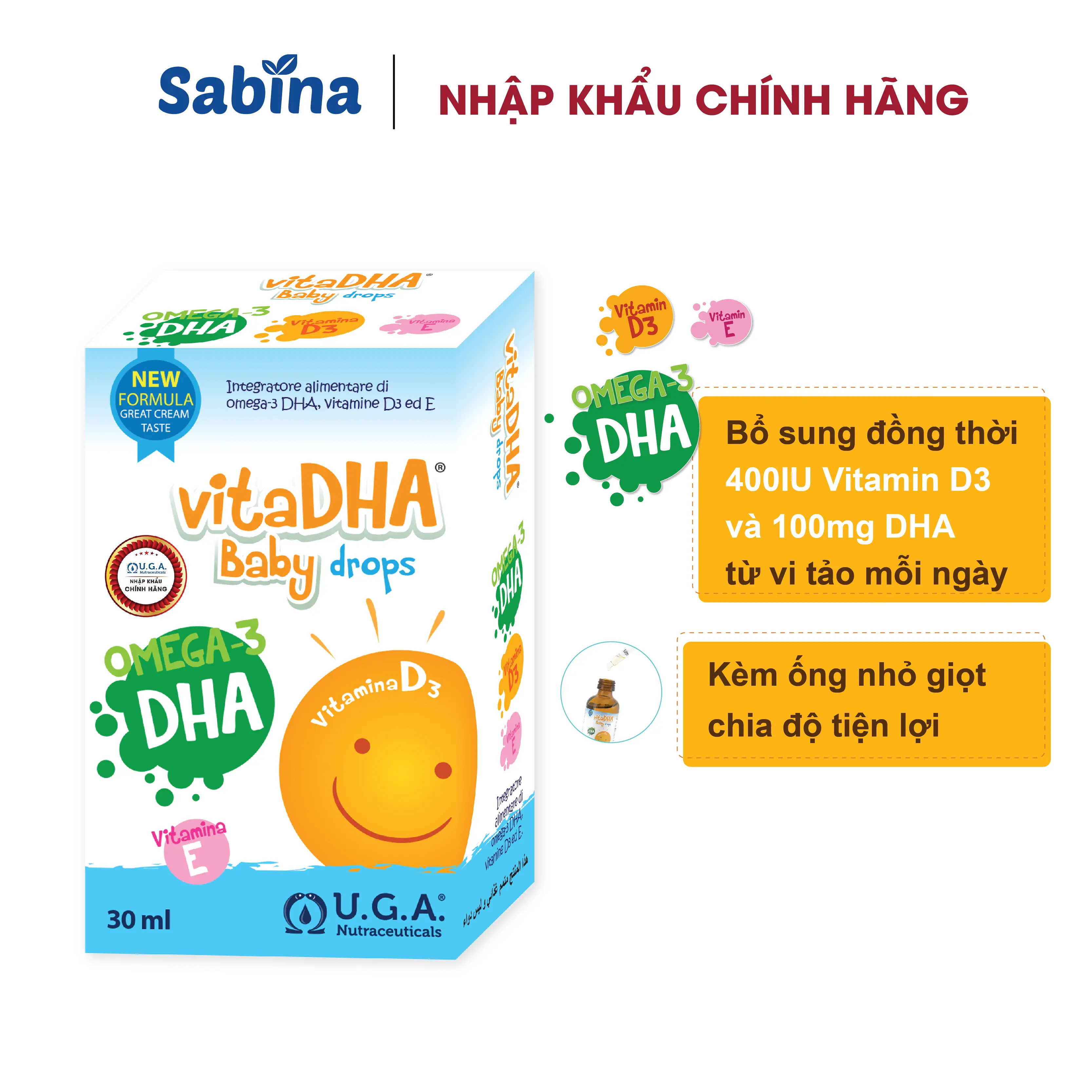VitaDHA Baby Drops – Thực phẩm bảo vệ sức khoẻ bổ sung D3 và DHA cho bé 30ml U.G.A. Nutraceuticals. Date Th10-2026