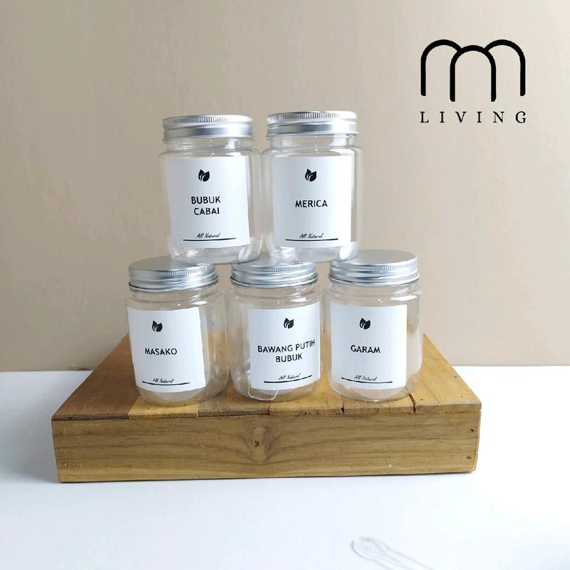 Toples Bumbu Dapur Aesthetic 200ml TUTUP SILVER Free Sendok & Label Waterproof 0