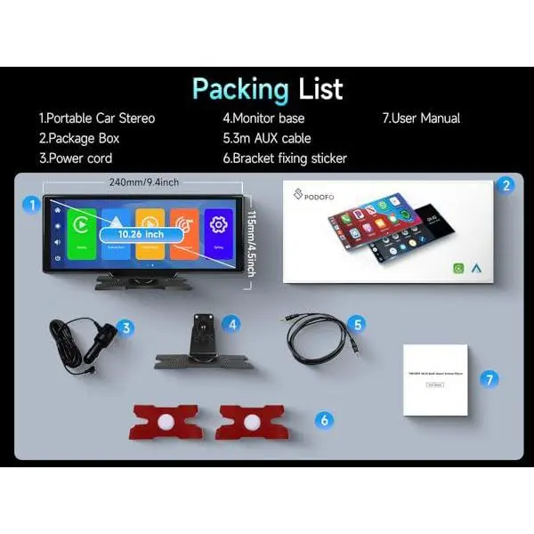 Layar Sentuh 10.26/7 inci Nirkabel Apple Carplay Stereo Mobil Portabel Android Otomatis, Navigasi Putar Mobil dengan Kontrol Suara, Panggilan/Musik Bebas Genggam Bluetooth, Pemancar AUX/FM, Penerima Radio Mobil Sepeda Motor 7