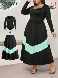 CURVZY Plus Size Two-Piece Set Scoop Neck Long Sleeve Bodysuit & Patchwork Elastic Waist Skirt, Casual Fashion Cozy Outfits for Daily Outdoor Wear, Women Clothing for Fall