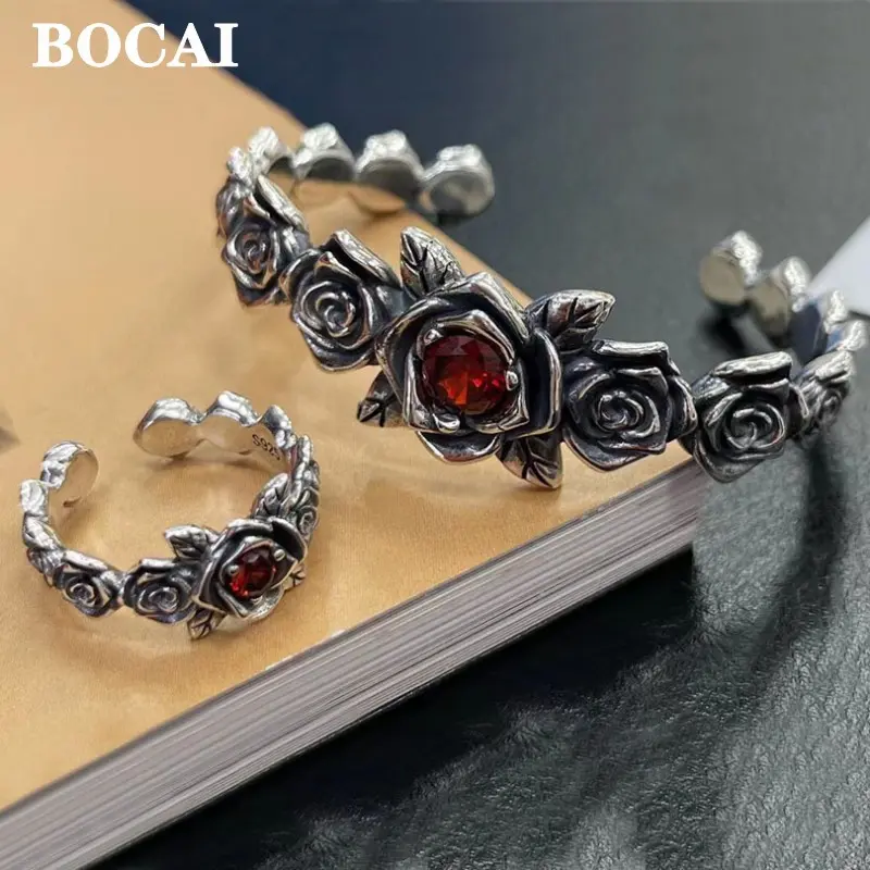 Trang Sức Bạc S925 Thật, Thiết Kế Mới, Phong Cách Cổ Điển Zirconium Đỏ Hoa Hồng Dây Chuyền Gai, Vòng Tay / Nhẫn Hở, Dành Cho Nữ, Hợp Xu hướng, Quà Sinh Nhật