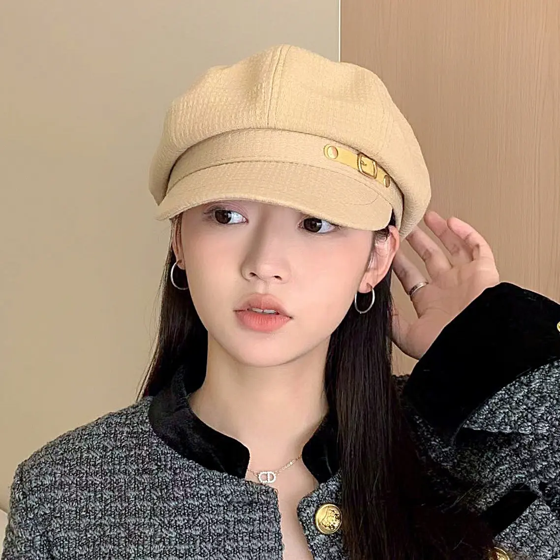 Autumn and Winter Women's Octagonal Cap Korean-Style Fashion Face-Looking Small Beret Button Peaked Cap British Style Painter Cap