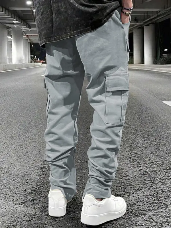 Men's Solid Drawstring Waist Cargo Pants, Street Fashion Casual Pocket Elastic Waist Trousers for Daily Wear, Men's Bottoms for All Seasons 3