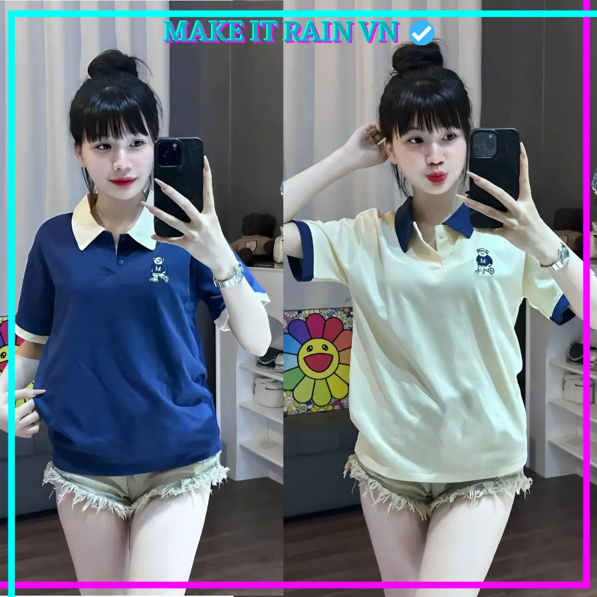 [MUA 3 GlẢM 10K TẶNG THÊM MÓC KHÓA, MUA 2 GlẢM 5K] Áo Polo THÊU HÌNH GẤU Form Baby Tee Make It Rain, Form Nhỏ Áo có cổ bẻ Top Woman