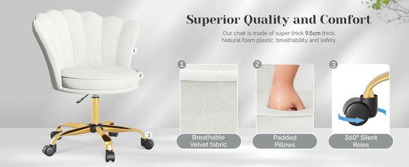 Product Introduction of Office Chair•Desk Chair•Velvet Chair 360° Swivel Height-adjustable Office Chair, Swivel Chair with Petal Backrest, Gold Coloured Metal Feet, 120kg Load Capacity, Beige 8