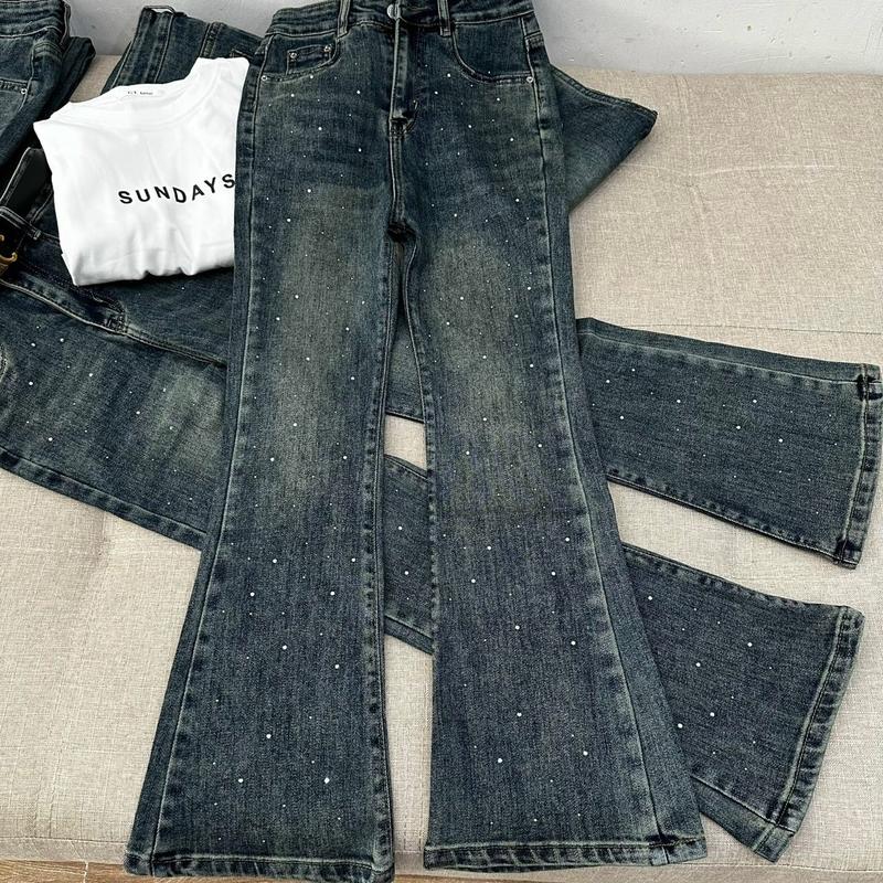 Quần jean dài ống loe đính đá,jean co dãn,cho nữ mới