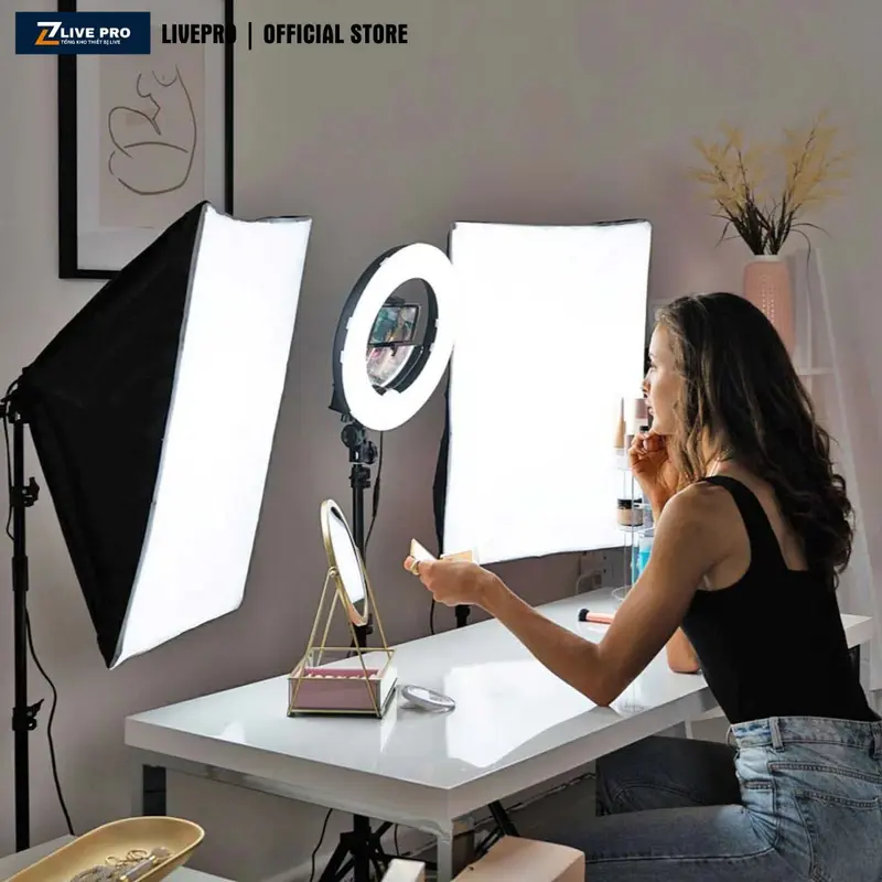 Bộ đèn trợ sáng studio chụp ảnh, quay phim, Livestream, quay phim chuyên nghiệp, Đèn Softbox chữ nhật hắt sáng 3 chế độ màu chuẩn studio, công suất 100W 1