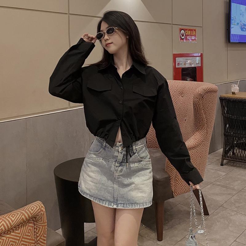 Áo sơ mi croptop dây rút mặc được 2 kiểu MDA03 Nữ Kaki