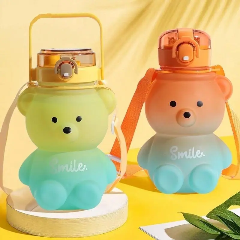 Cute Bear Gradient Color Straw Water Bottles, 1 Count Leakproof Straw Cup with Removable & Adjustable Shoulder Strap, Large Capacity Drinking Bottle