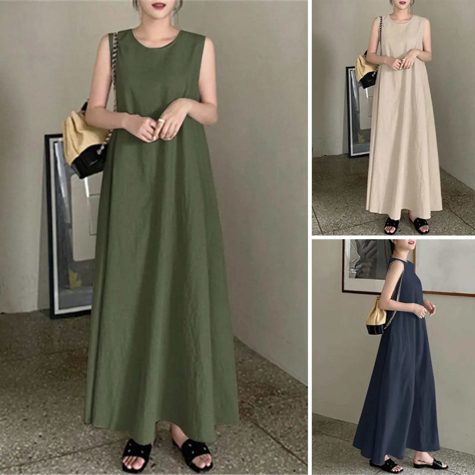 Women Maxi Dress Sleeveless V Neck Loose A-line Large Hem Solid Color Vest Type Ankle Length Soft Breathable Pullover Female Clothes