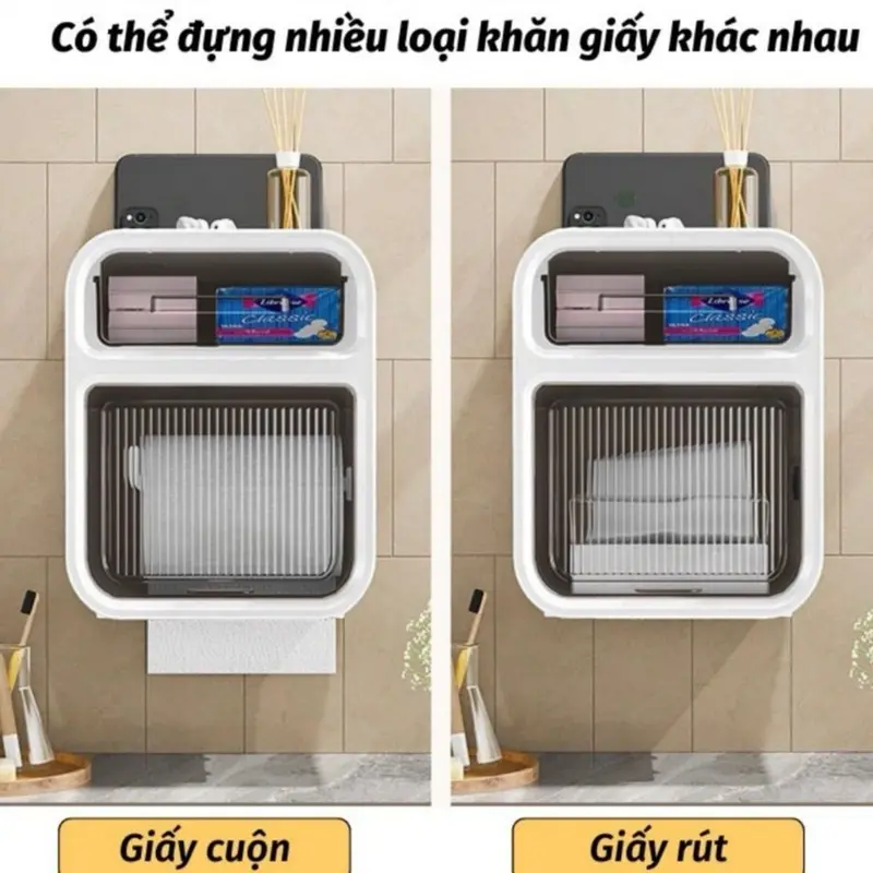 Hộp Đựng Giấy Vệ Sinh 2 Tầng Có Ngăn Kéo Gắn Tường. Kệ Đựng Đồ Nhà Tắm Toilet Đa Năng Ngăn Nước Kèm Miếng Dán Dính Tường 3