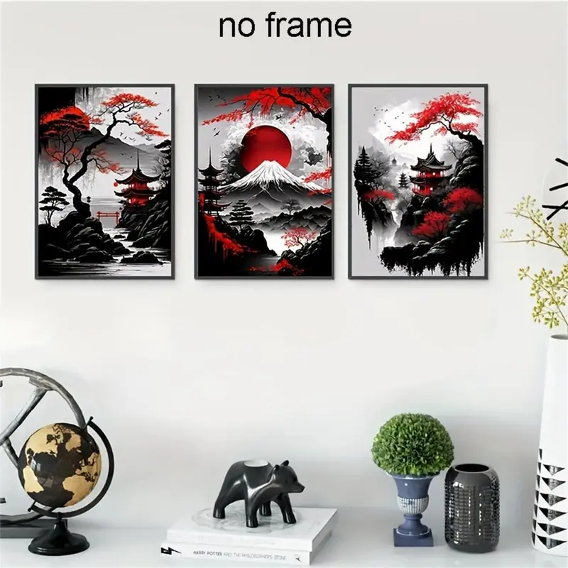 Japanese Landscape Pattern Canvas Painting without Frame, 3pcs/set Waterproof Wall Hanging Decoration Poster Painting for Living Room Bedroom 4